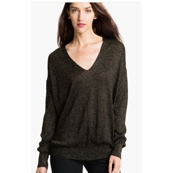 Diane von Furstenberg DVF Black Gold Metallic V-Neck Sweater Oversized‎ Small - Picture 1 of 8